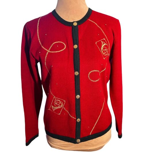 Leslie Fay Sweaters - LESLIE FAY Women’s Red Gold French Horn Holiday Sweater Cardigan Size 6P